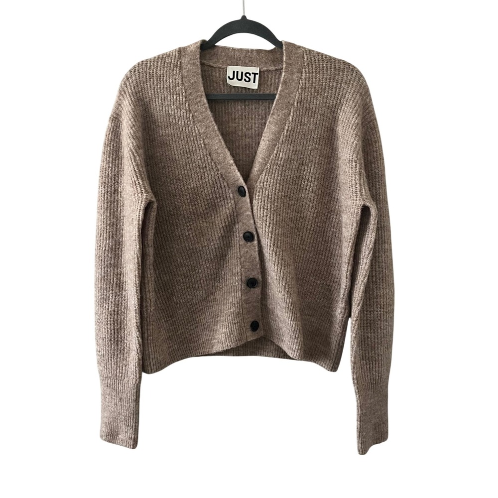 JUST Female Rebelo Knit Cardigan Brown Wool Alpaca Ribbed V-Neck‎ Sweater Large
